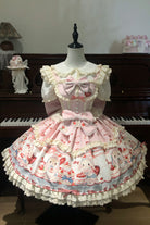 Pink [Cute Rabbit Party] Sleeveless Double-Layered Printed Ruffled Bow Sweet Lolita Jsk Dress