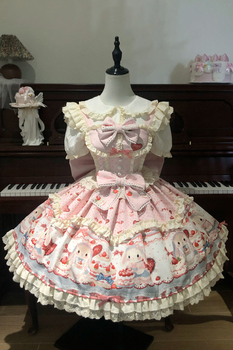 Pink [Cute Rabbit Party] Sleeveless Double-Layered Printed Ruffled Bow Sweet Lolita Jsk Dress