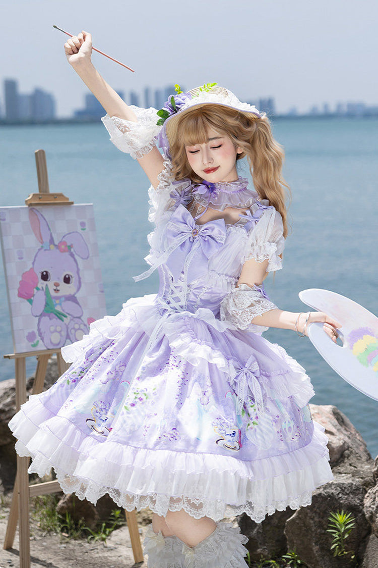 Purple [Wisteria Garden] Square Collar Triple-Layered Printed Ruffled Bow Lace Sweet Lolita Dress Set