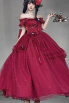 Red [Bright Stars] Off Shoulder Ruffle Bowknot Asymmetric Sweet Elegant Princess Lolita Dress