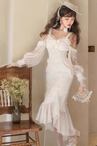 White [Camellia 1.0] Sleeveless Jacquard Ruffle Lace Sweet Chinese Style Lolita Jsk Fishtail Dress