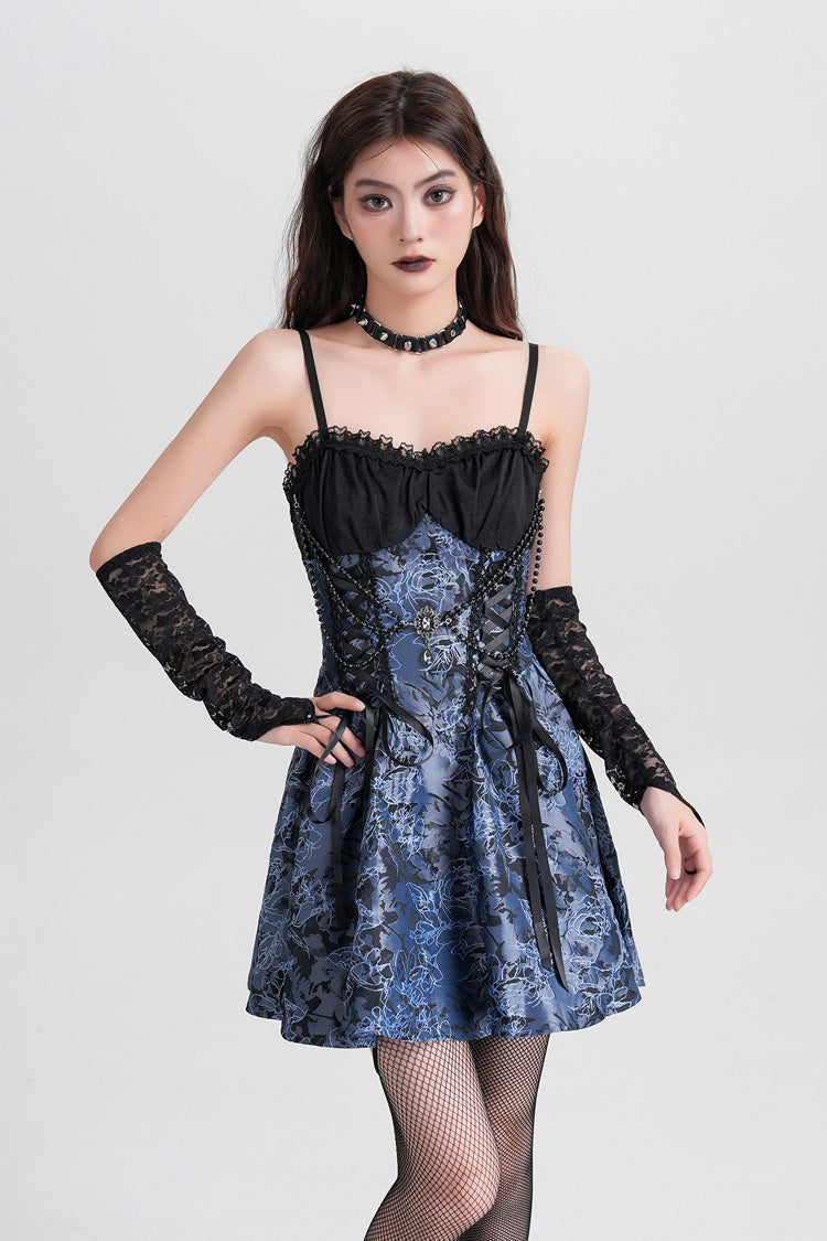 Blue Sleeveless Jacquard Printed Spliced Lace-Up Gothic Vintage Lolita Jsk Dress