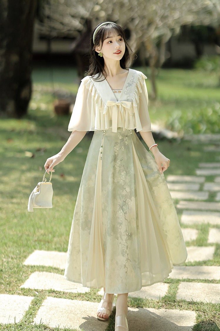 Green/Apricot [Green Grapes] High Waisted Printed Women's Daily Sweet Hanfu Dress Set
