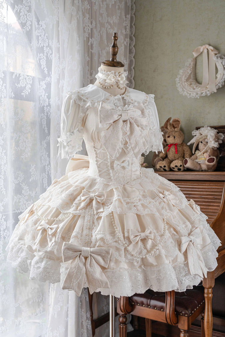 Ivory [Small Cakes] Sleeveless Multi-Layered Ruffle Bowknot Lace Sweet Lolita Jsk Dress