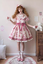Rose Red [Grape Moon Almanac] Short Sleeves Multi-Layered Printed Ruffled Bow Sweet Lolita Dress