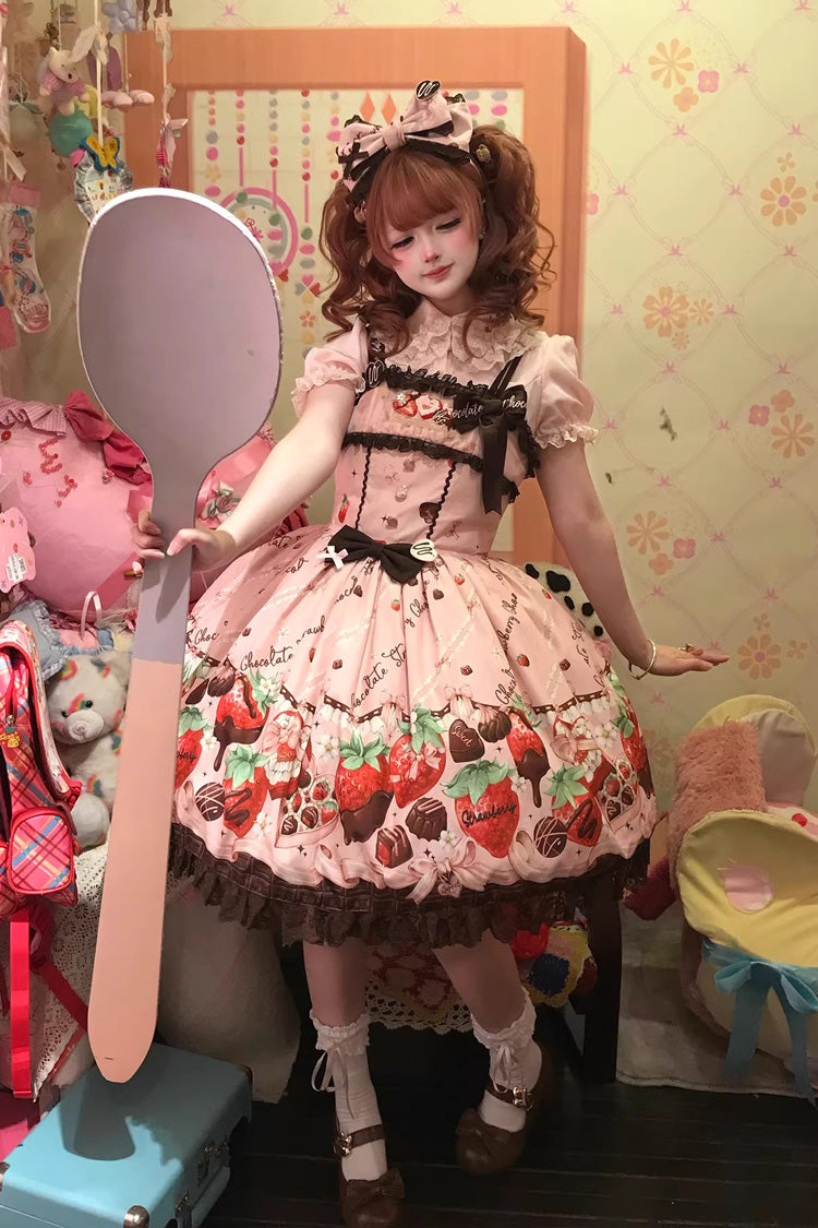 Pink [Strawberry Chocolate Lover] Sleeveless Printed Ruffled Embroidered Bow Lace Sweet Lolita Jsk Dress