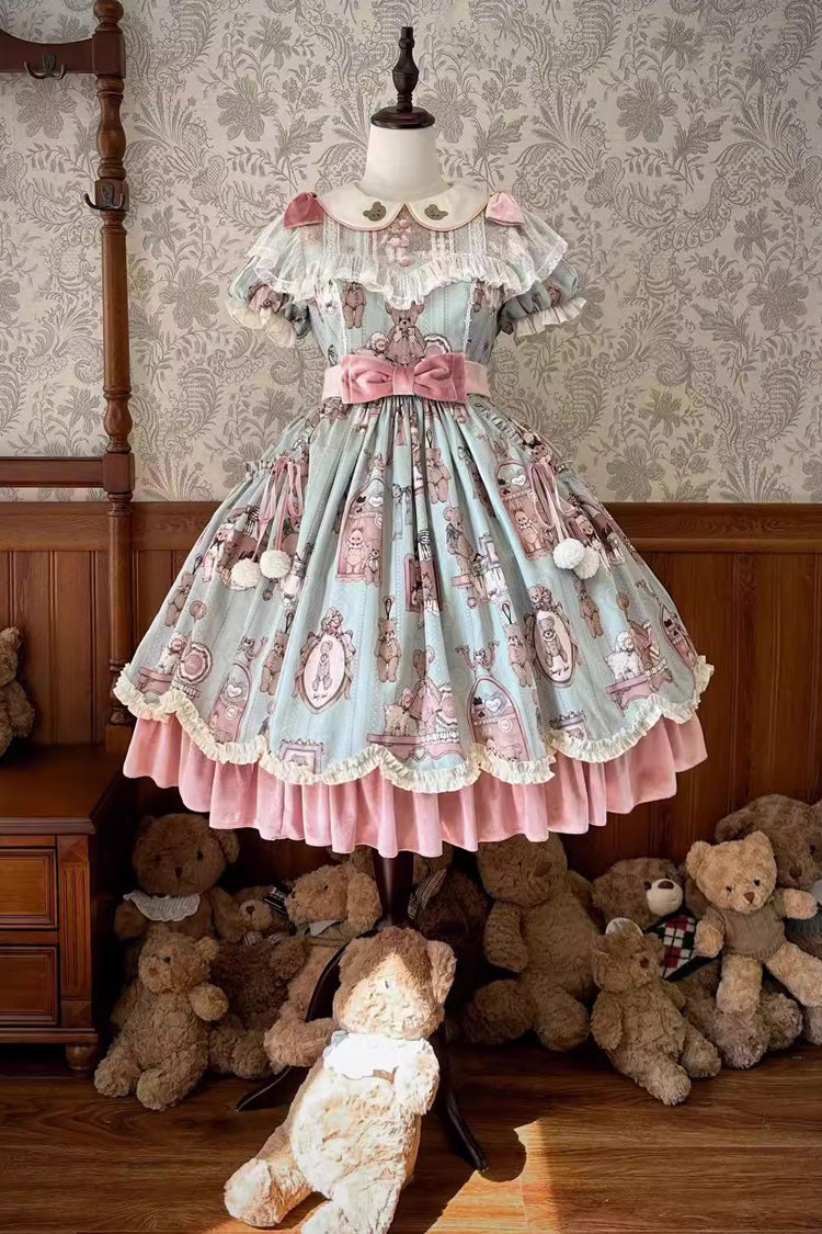 Pink/Green Bear Doll Wall Print Short Sleeves Ruffle Embroidery Bowknot Sweet Lolita Dress