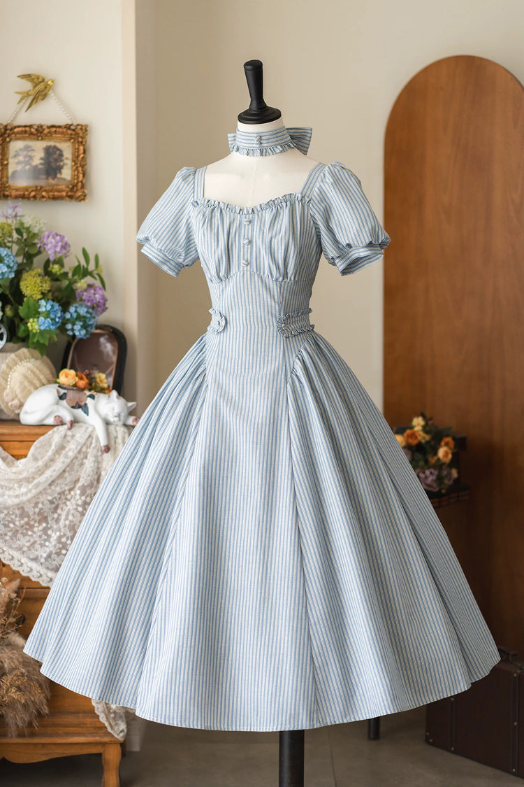 Light Blue [Chantilly Forest] Square Collar Short Sleeves Striped Printed Ruffled Classic Vintage Elegant Lolita Dress