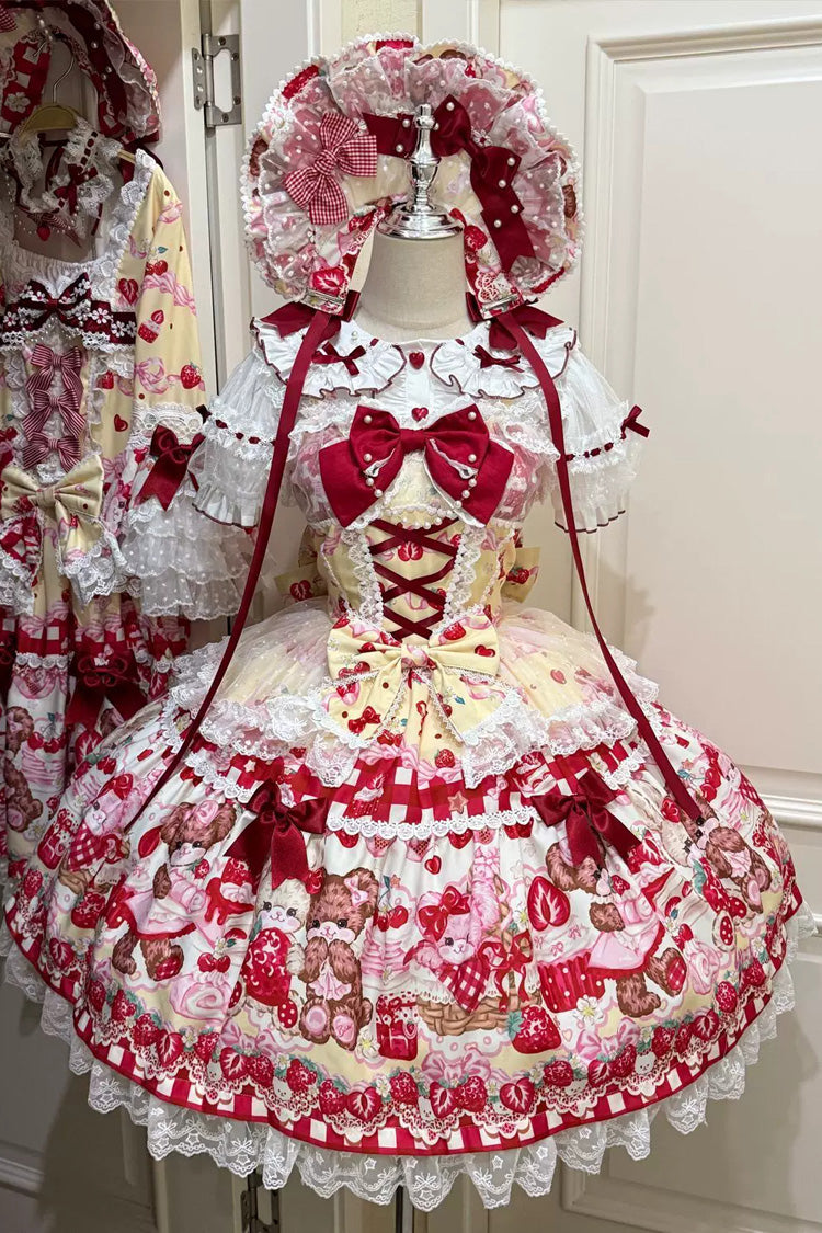 Red/Yellow [Sweet Berry Bunny Bear] Printed Bow Lace Lace-Up Sweet Lolita Jsk Dress