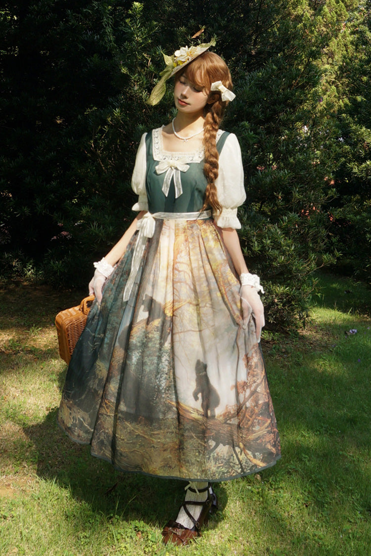 Dark Green [Morning in the Pine Forest] Square Collar Short Sleeves Oil Painting Printed Bow Lace Tie-dyed Sweet Lolita Dress