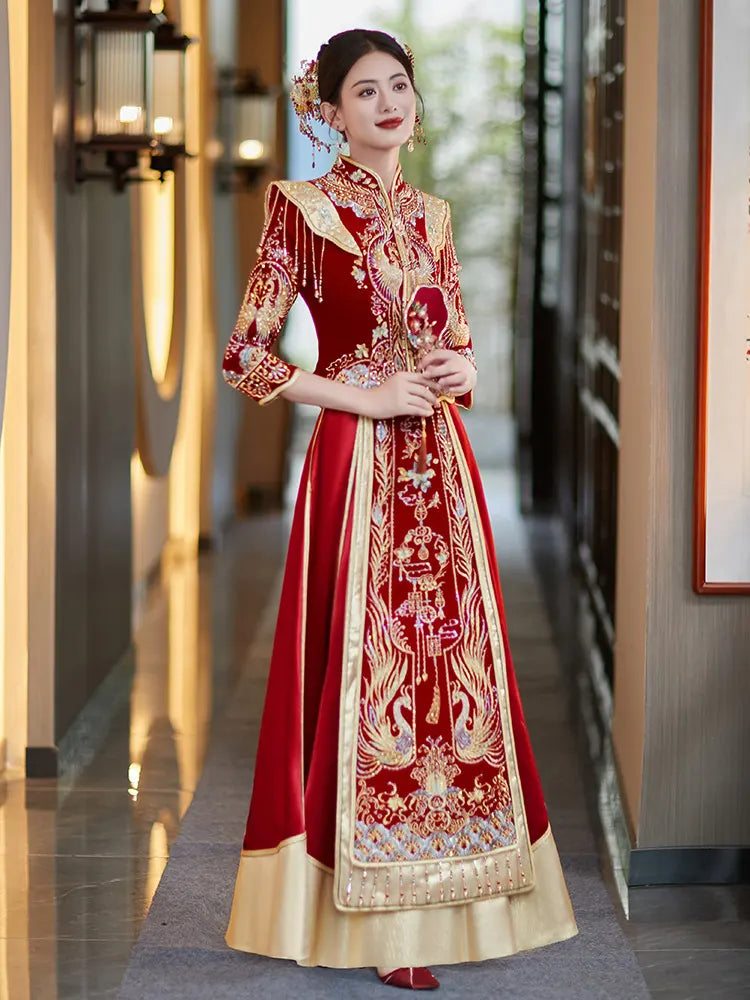 Traditional Chinese Velvet Wedding Qun Kwa Dress| Phoenix