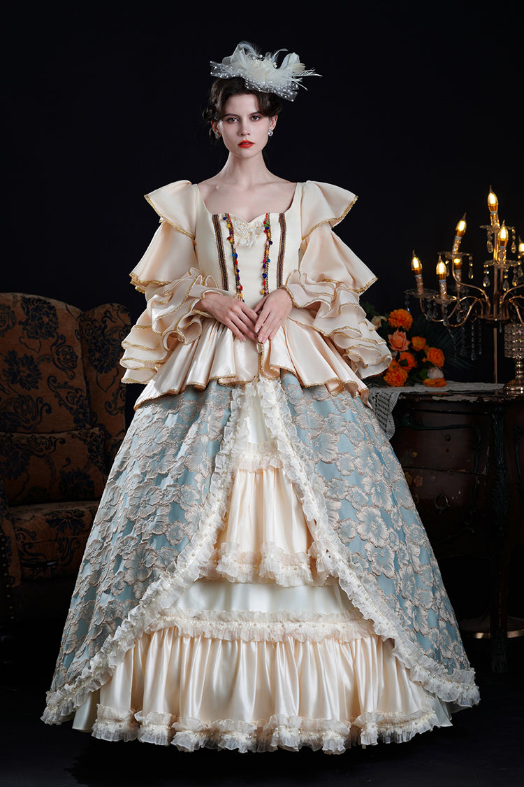Blue/Champagne Half Trumpet Sleeves Ruffle Embroidery Cardigan Lace Classic Princess Palace Lolita Victorian Dress