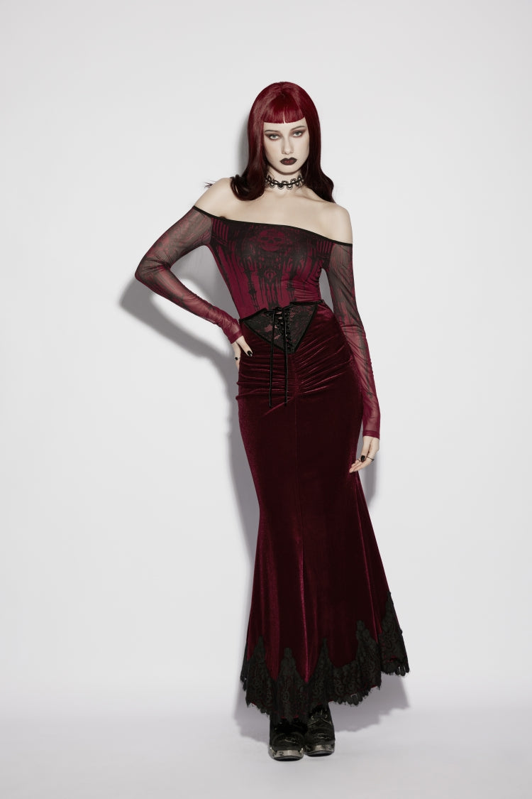 Red Lace Velvet Pleated Women's Gothic Elegant Mermaid Skirt
