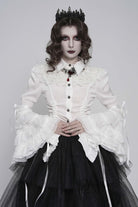 White Lapel Collar Long Trumpet Sleeves Lace Lace-Up Slim Women's Gothic Blouse
