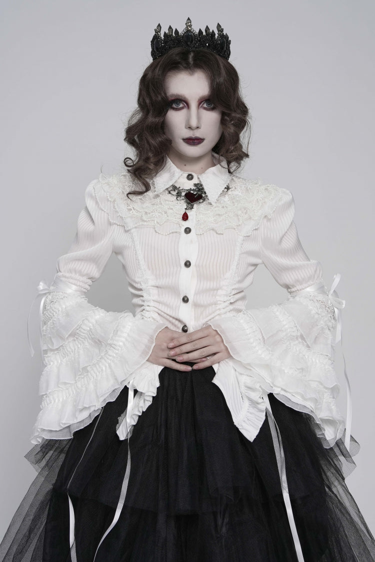 White Lapel Collar Long Trumpet Sleeves Lace Lace-Up Slim Women's Gothic Blouse