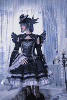 Metallic Angel Black - Gothic Lolita Rhinestone Top & Ruffled Skirt Set