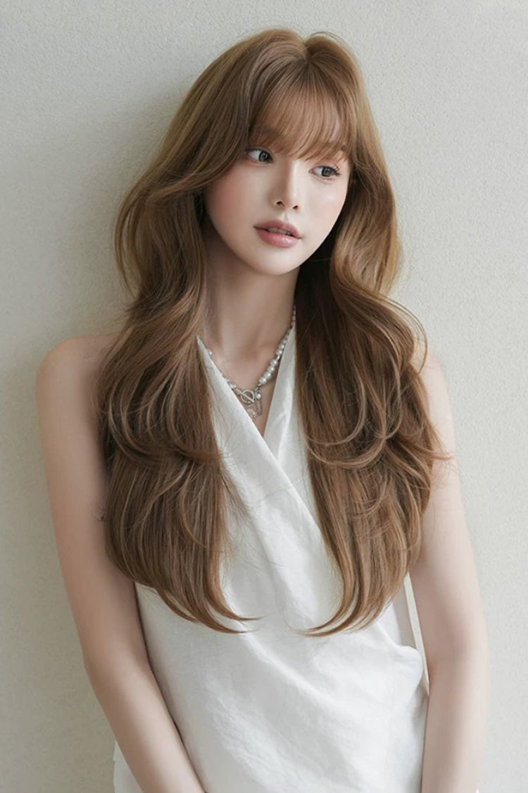 Milky Coffee Korean Style High-Layered Long Wavy Sweet Lolita Wig with Air Bangs
