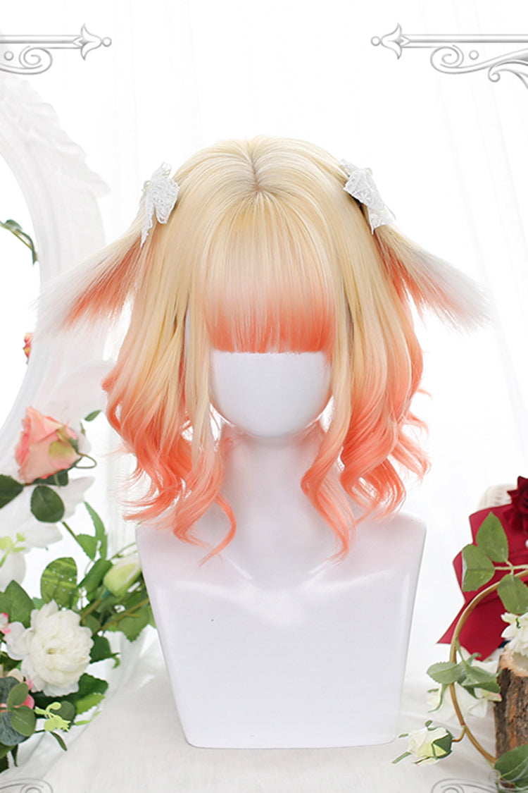 Orange Gradient Animal Ears Irregular Curly Sweet Lolita Wigs