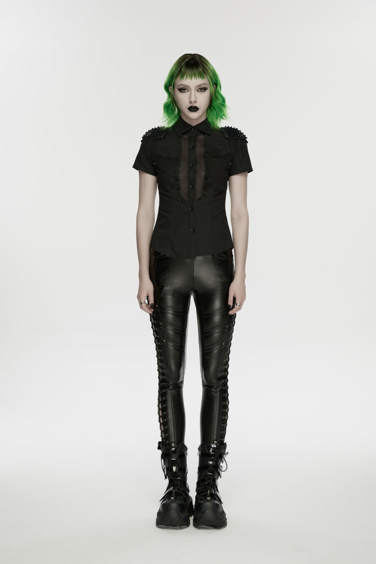 Black Studded Women's Punk  Drawstring Leggings