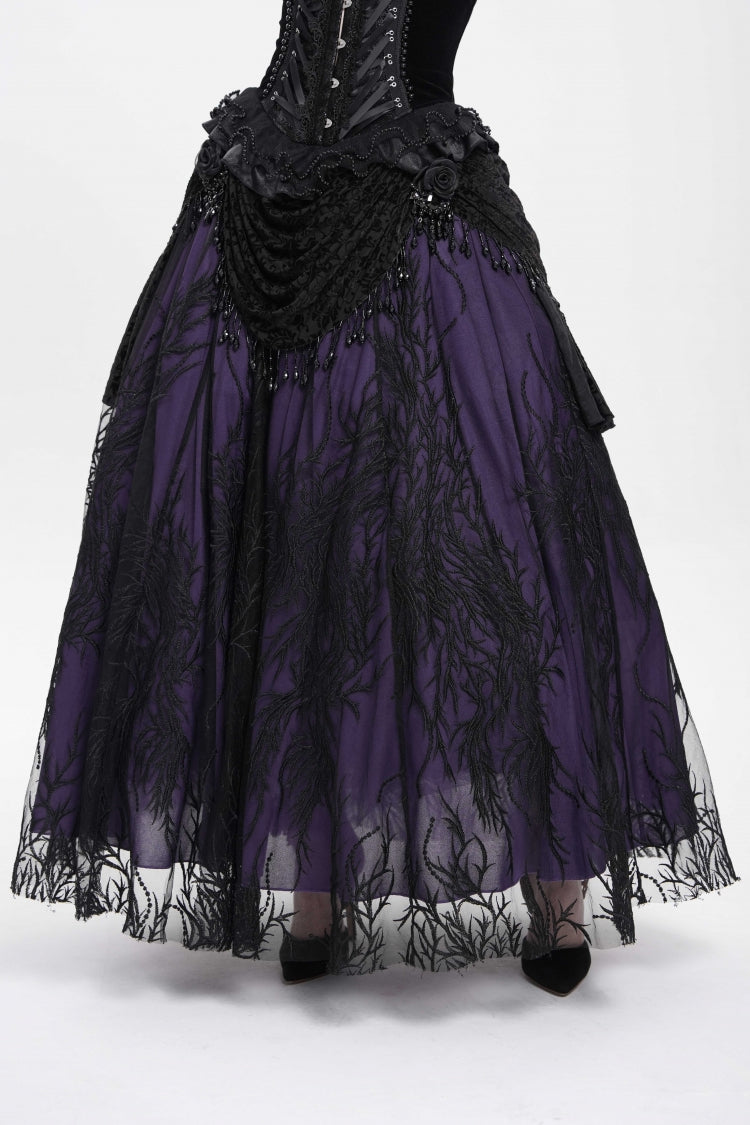 Black/Purple Floral Embroidered Beaded Women's Gothic Long Skirt