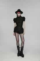 Black Multi-Layered Embroidered Lace Lace-Up Pleated Women's Gothic Shorts