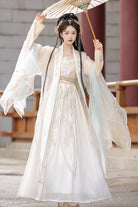 Beige Long Sleeves High Waisted Jacquard Print Embroidery Women's Sweet Hanfu Dress Full Set