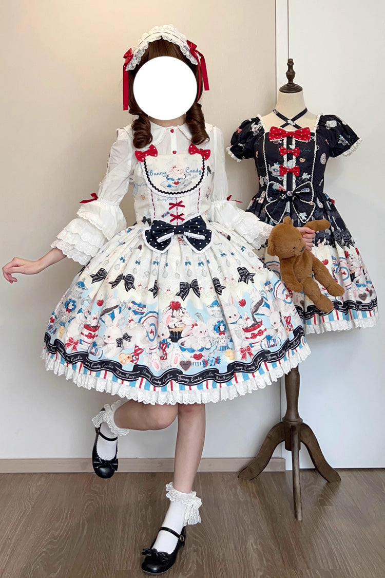 Beige [Mystery Rabbit Tea Party] Sleeveless Print Ruffle Bowknot Lace Sweet Lolita Jsk Dress