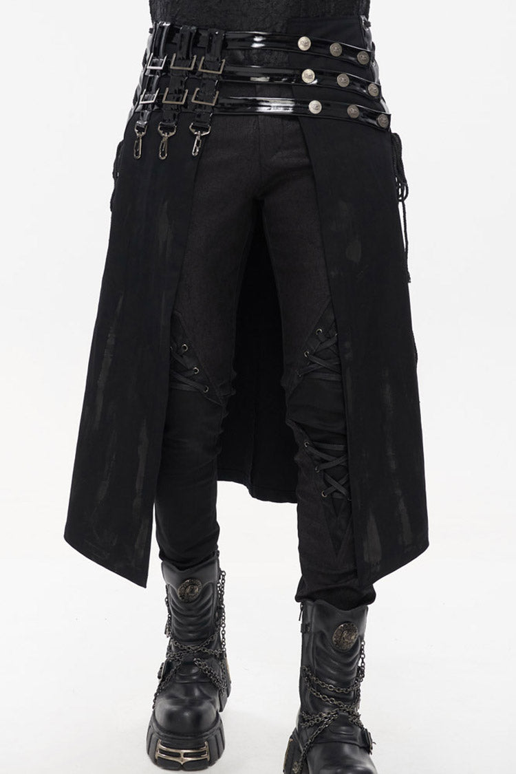 Black Punk Patent Leather Paneled Belt Irregular Print Metal Men's Skirt