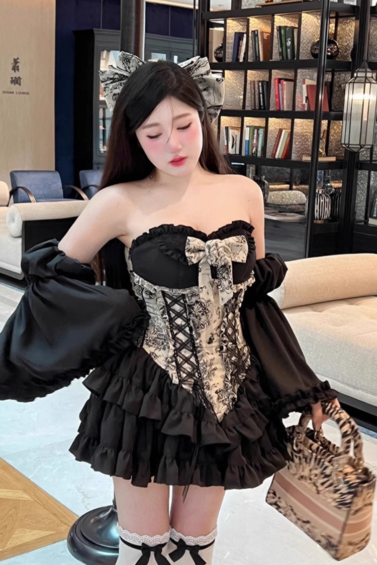 Black [Gentle Treasure] Print Ruffle Embroidery Bowknot Gothic Princess Lolita Strapless Dress
