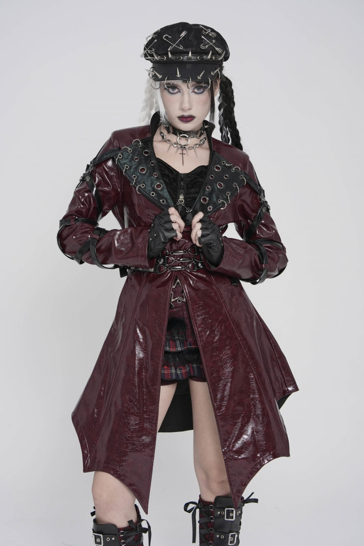 Red Lapel Collar Long Sleeves Lace-Up Irregular Eyelets & Rings Women's Punk Coat