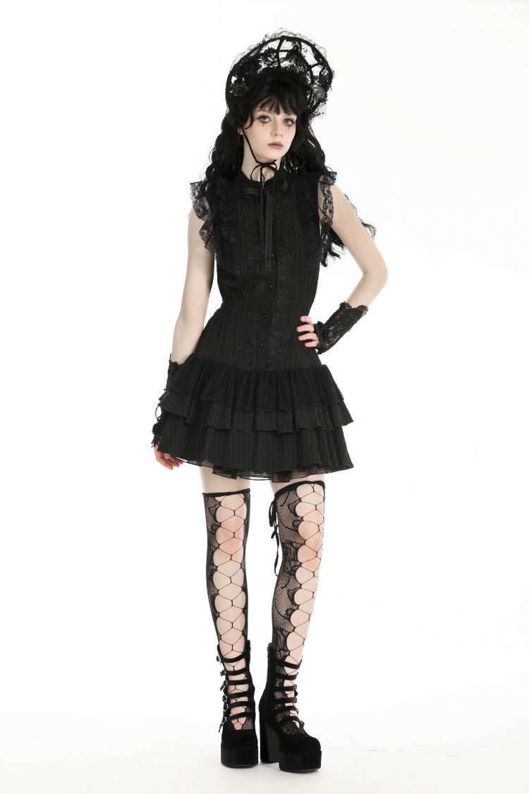 Black Lace Ruffled Stand Collar Bow Sleeveless Triple-Layered Hem Women's Gothic Dress