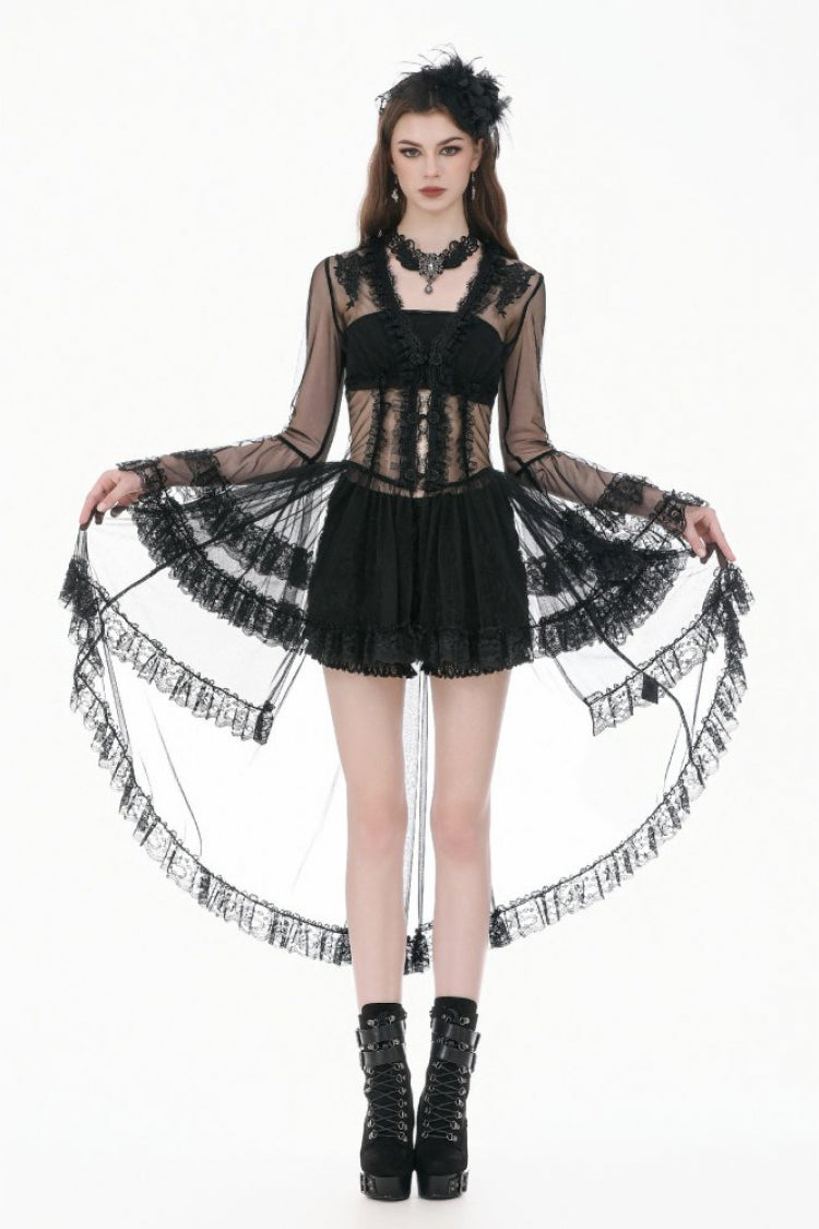 Black Deep-V Ruffled Long Flare Sleeves Sheer Lace Patchwork Lace-Up Women's Gothic Duster
