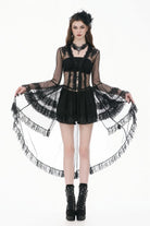 Black Deep-V Ruffled Long Flare Sleeves Sheer Lace Patchwork Lace-Up Women's Gothic Duster