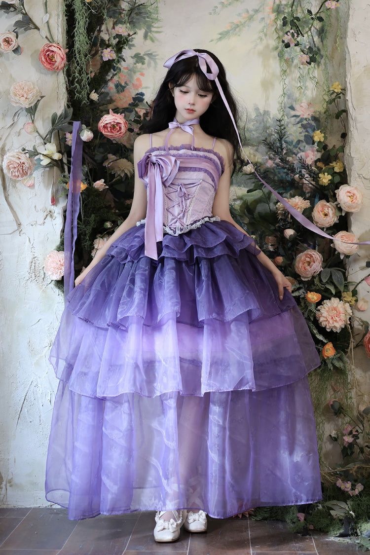 Purple [Lily of the Valley in Falling Snow] Sleeveless Triple-Layered Ruffled Bow Lace-Up Sweet Elegant Lolita Skirt Dress Set