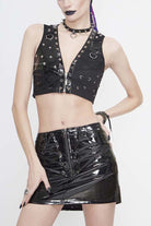 Black Short Leather Splice Mesh Asymmetrical Heavy Metal Decoration Women's Punk Waistcoat