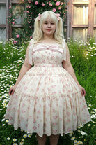 Pink [Rose Maiden] Square Collar Sleeveless Rose Printed Ruffled Bow Lace Plus Size Sweet Lolita Dress