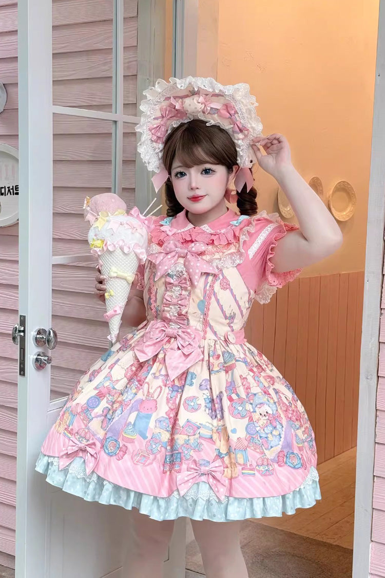 Cream Yellow [Rainbow Buffy Bunny] Sleeveless Double-Layered Ribbon Doll Printed Ruffled Bow Sweet Lolita Jsk Dress Set