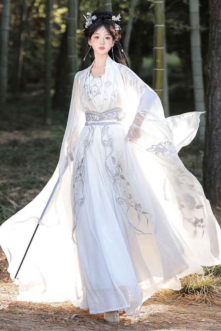 White [Silver Moon] High Waisted Embroidered Women's Classic Hanfu Dress Full Set