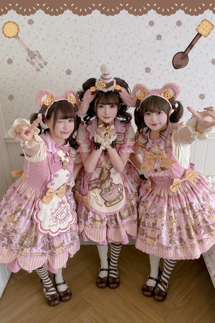 Pink [Teddy Bear Cookie] Strawberry Cream Puff Dessert Printed Bow Plus Size Sweet Lolita Dress Set 3 Versions