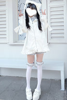 White Long Sleeves Cat Ears and Tail  Ruffle Bowknot Hooded Gothic Jirai Kei Coat