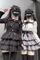 Jirai Kei Doll Collar Long Sleeves Triple-Layered Ruffled Bow Lace Japanese Skirt Blouse Set 2 Colors