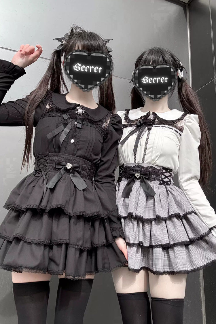 Jirai Kei Doll Collar Long Sleeves Triple-Layered Ruffled Bow Lace Japanese Skirt Blouse Set 2 Colors