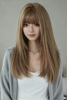 Korean Daily Sweet Style Flaxen Brown Long Layered Straight Lolita Wig with Airy Full Bangs