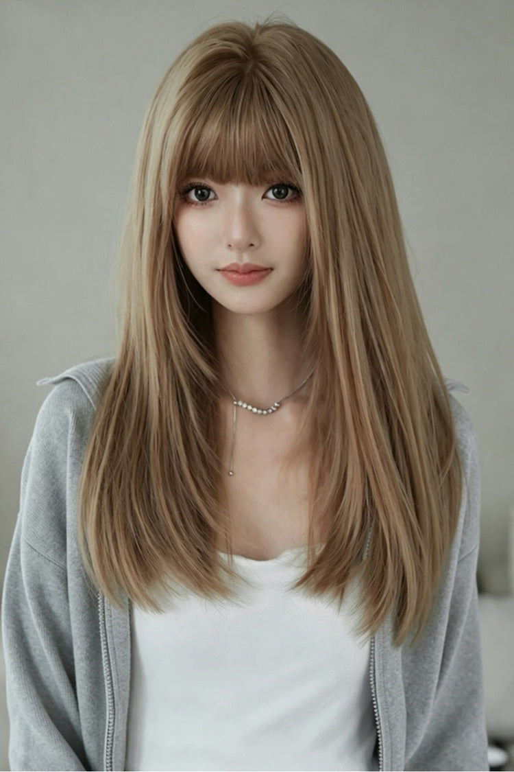 Korean Daily Sweet Style Flaxen Brown Long Layered Straight Lolita Wig with Airy Full Bangs