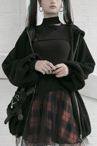 Black/Red Lace Mesh Stitching Plaid Metal Buckle Decoration High Waist Women's Punk Short Skirt