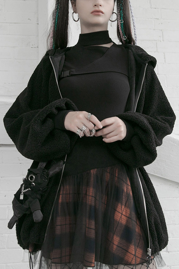 Black/Red Lace Mesh Stitching Plaid Metal Buckle Decoration High Waist Women's Punk Short Skirt