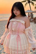 Pink Sleeveless Double-Layered Ruffled Bow Lace-Up Sweet Plus Size Lolita Jsk Dress