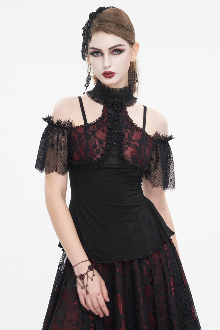 Black/Red Off Shoulder Lace Round Collar Splice Women's Gothic Shirt