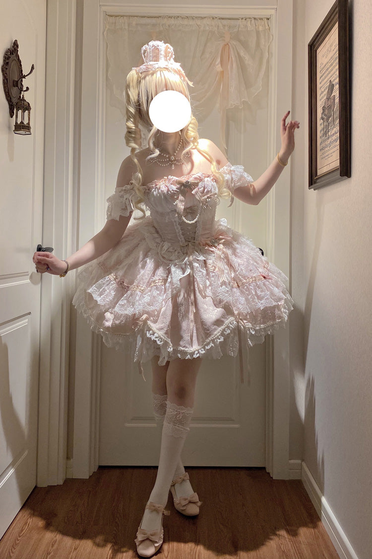 Pink [Anna’s Ball] Square Collar Ruffled Hanayome Bow Lace Sweet Princess Ballet Lolita Jsk Dress