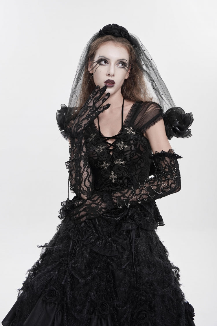Black V Collar Short Sleeves Embroidered Lace Lace-Up Slim Women's Gothic Top